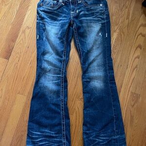 Big Star Jeans Womens 29R Blue Sweet Flare Distressed Embroidered Pockets Denim